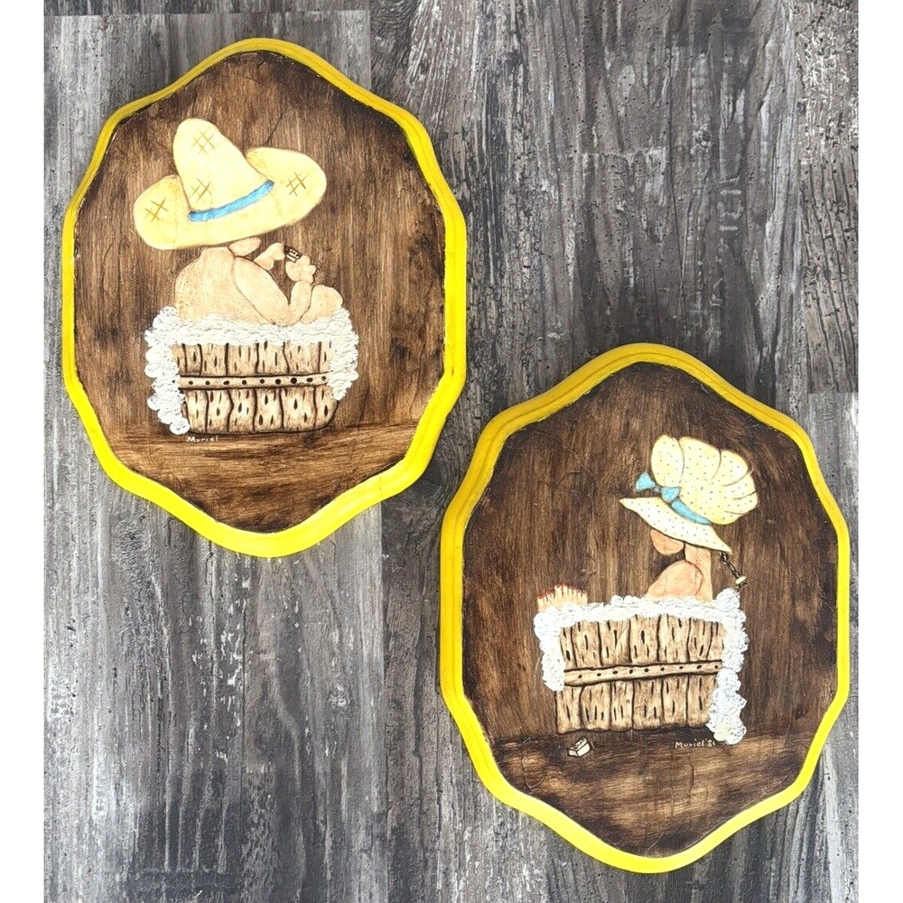 Vtg Bonnet Girl & Cowboy in Bathtubs Wall Plaques Bathroom Country Chalkware